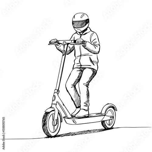 Person riding electric scooter in line drawing style, isolated vector image on transparent background

