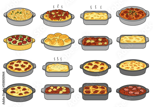Sixteen dishes in baking pans varying in contents such as pasta toppings and sauces