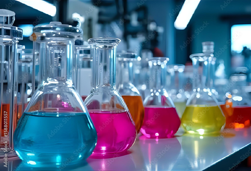 a beautiful close-up scene from a chemical laboratory; colorful liquids in test tubes a beautiful close-up scene from a chemical laboratory; colorful liquids in test tubes