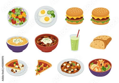 Twelve cartoon illustrations of various food items arranged on a white background