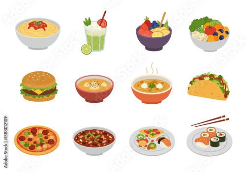 Twelve food dishes arranged in a grid layout on a white background
