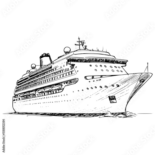 Cruise ship line drawing, isolated vector image on transparent background  