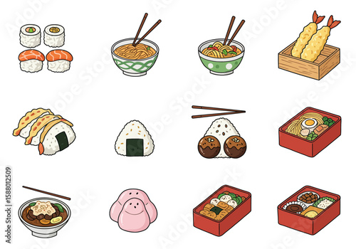 Twelve food icons including sushi noodles tempura bento boxes and onigiri are arranged on a white background