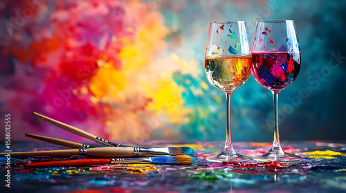 art and wine night banner with paintbrushes wine glasses and creative splashes of color ready to advertise summer sip and paint deals,