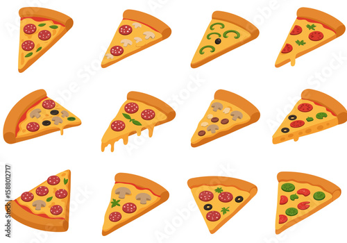 Twelve pizza slices each with varied toppings presented against a plain background