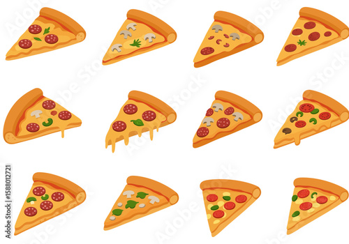 Twelve pizza slices with various toppings arranged in a 3x4 grid angled