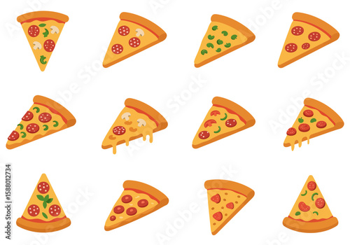 Twelve pizza slice illustrations with varied toppings in a 3x4 grid arrangement