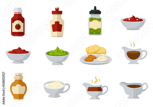Twelve stylized food condiments ketchup mayo guacamole and various sauces in bottles bowls and gravy boats