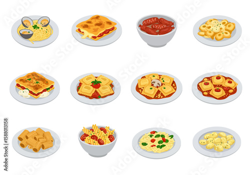 Varied pasta dishes including ravioli and lasagna presented on plates and bowls