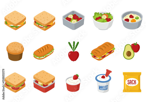 Variety of foods sandwiches salads fruits muffin yogurt beets avocado tomato chips