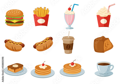 Variety of fast food icons burger fries shakes hot dogs coffee pancakes toast cake