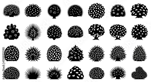 Various stylized black and white shrub silhouettes on white background  