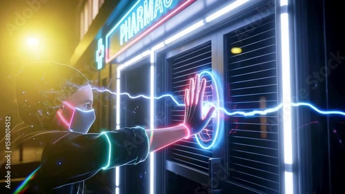 A masked figure interacts with a neon-lit pharmacy entrance at night, surrounded by a vibrant urban backdrop