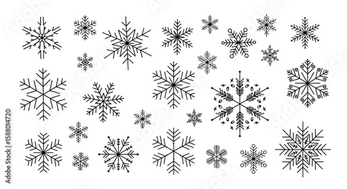 Various black and white snowflake designs in different shapes  