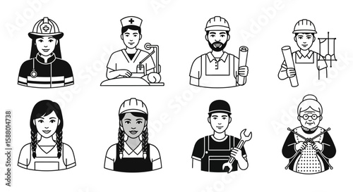 Employed workers in various professions illustrated in black and white  