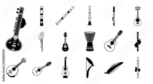 Ethnic musical instruments collection in black and white style  