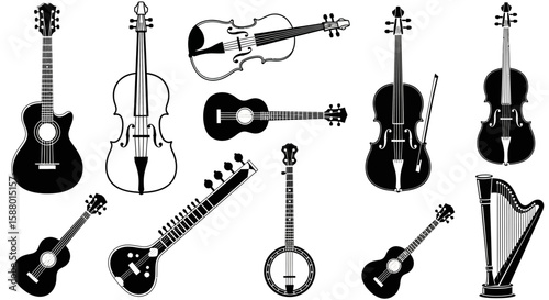 String instruments in various styles and designs on white background  