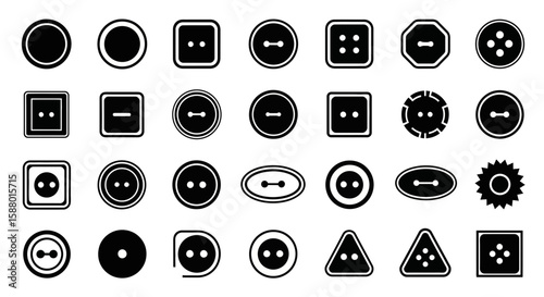 Variety of black and white button icons in different shapes and styles  