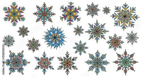 Colorful snowflakes in various shapes and designs on white background  
