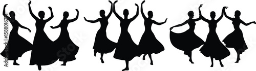 dancers, flamenco dancers, women in traditional spanish dance dresses, silhouette, black and white, high contrast, minimalist design
