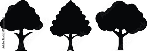 black silhouettes of trees, black and white minimalist tree icons, simple graphic tree designs
