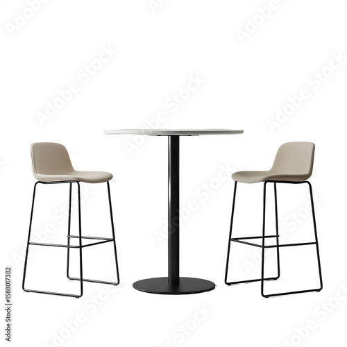 Two bar stools and a round table against a black background in a studio shot transparent background , no background