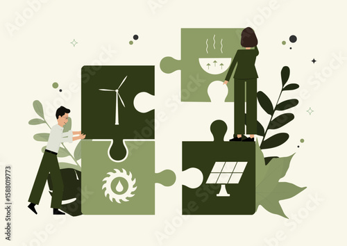 Two people collaborating to assemble renewable energy puzzle pieces featuring wind turbine, solar panel, geothermal and hydroelectric. Energy problem-solving. Flat style. Vector illustration