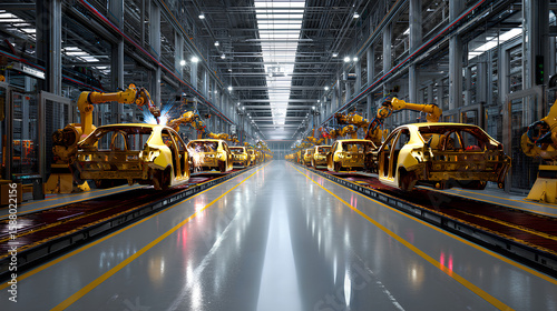 industrial factory with robot car assembly machines