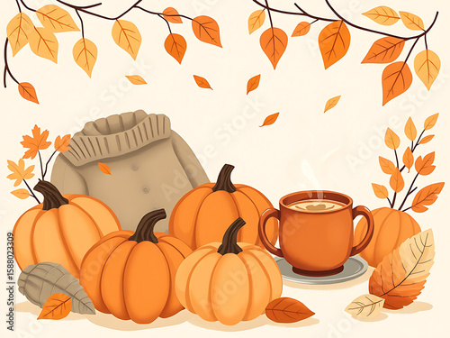 Cozy autumn illustration with pumpkins, falling leaves and a warm coffee cup. 
