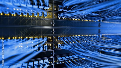 High speed network cables connected to server racks illuminated by blue lights showcasing advanced data center infrastructure and seamless digital communication technology for modern enterprise