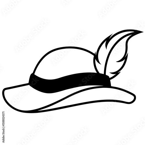 Simple line art illustration of a classic pirate hat adorned with a feather and decorative trim