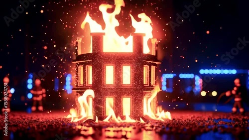 A vibrant bonfire engulfing a miniature structure, surrounded by glowing lights and figures at night
