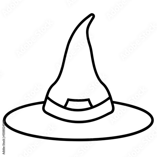 Detailed line art illustration of a classic witch hat with fabric folds and a patch