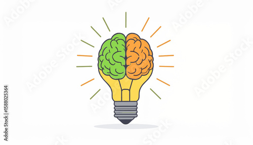 Conceptual illustration of a lightbulb with a brain split into two colored halves.