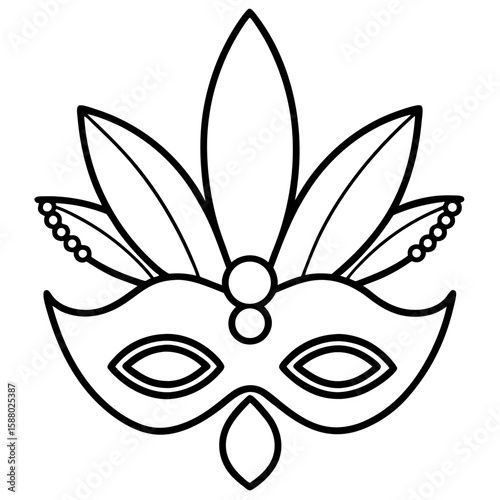 Elegant line art of a mardi gras mask adorned with feathers and intricate details