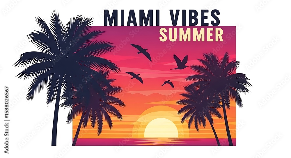 Obraz premium Miami vibes summer tropical beach sunset with palm trees and flying birds scene