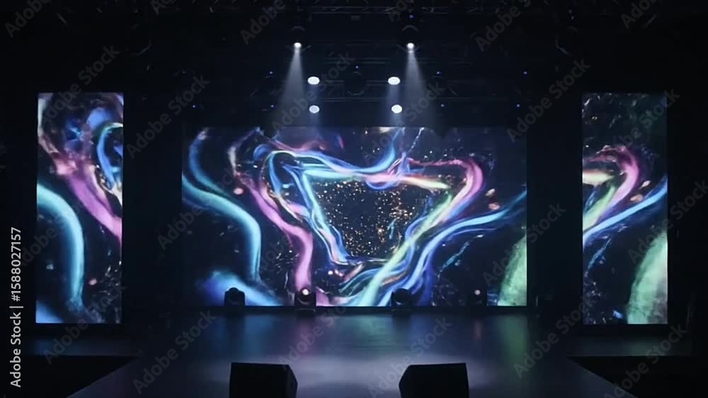 Stage with abstract screens bright lights and speakers creating an immersive visual environment