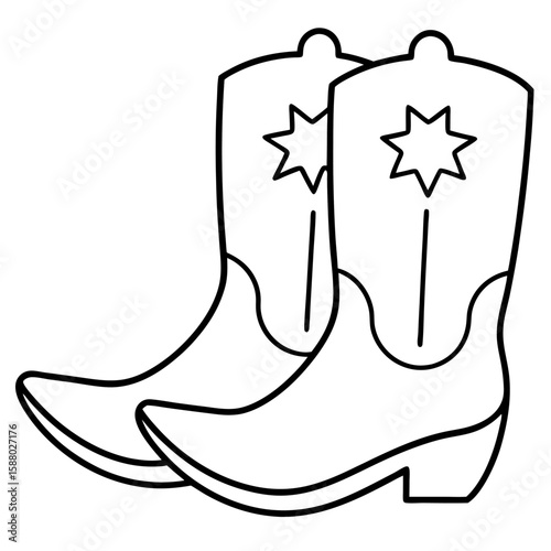 Classic line art illustration of cowboy boots with spurs and decorative stitching