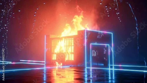 A vibrant neon-lit scene featuring a burning cube structure amidst a dark, reflective environment