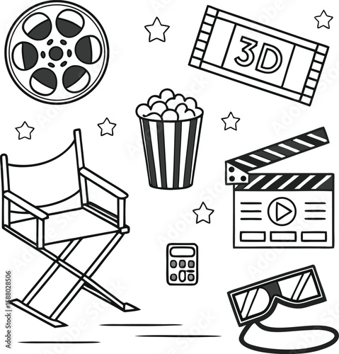Black and White Cinema and Movie Night Icon Set Featuring a Director's Chair, Popcorn, 3D Glasses, and a Film Reel

