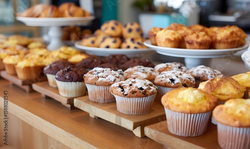 A display of muffins and pastries at a cafe