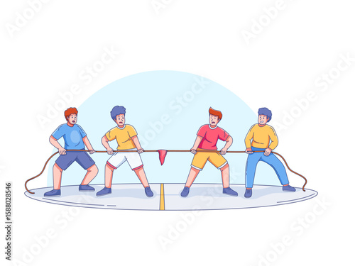 illustration of a tug of war team challenge showing two opposing groups pulling a rope with strength and determination. symbolizes teamwork, competition, and the energetic spirit of outdoor events