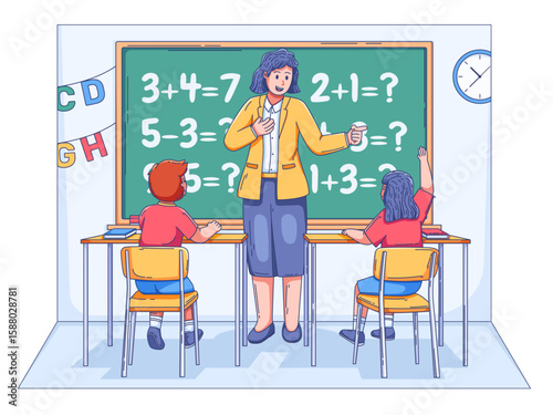 illustration depicting an engaging classroom scene with a dedicated teacher and two enthusiastic students participating in a math lesson. The chalkboard is filled with basic arithmetic problems