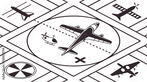 Vintage Military Aviation Schematic Featuring Various Aircraft like a Bomber, Helicopter, and Fighter Planes in a Tactical Display

