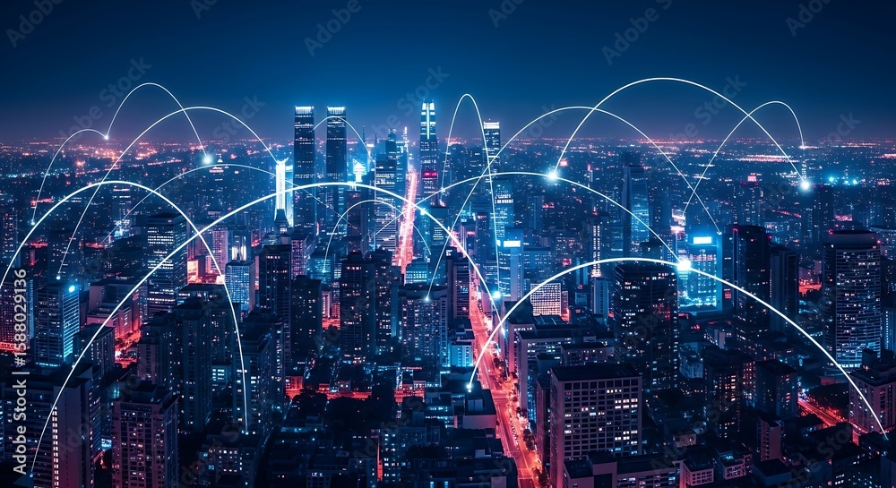 Obraz premium Night Cityscape with Illuminated Network Connections and Buildings