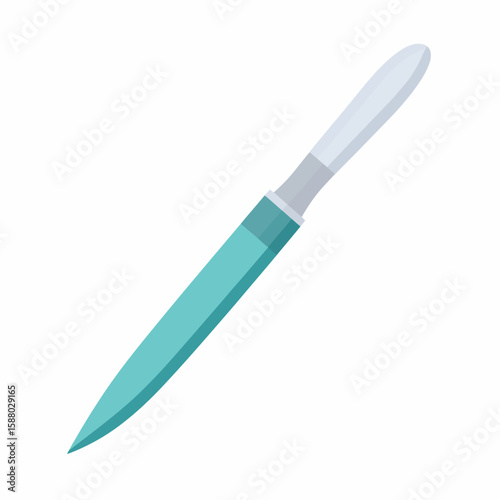 A teal and white nail file is diagonally positioned against a plain white background, showcasing its elongated shape and smooth texture.