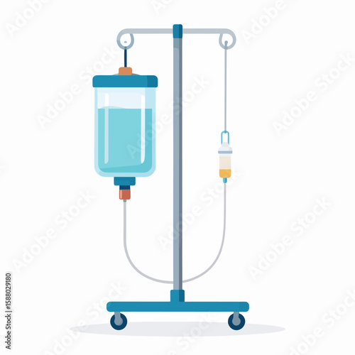 Medical IV drip stand with fluid bag and tubing, ready for patient administration.
