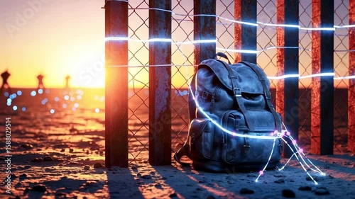 A weathered backpack illuminated by glowing lights rests against a fence at sunset, with silhouettes in the background