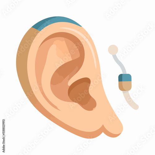 Illustration of a human ear with a hearing aid device, showcasing auditory assistance.