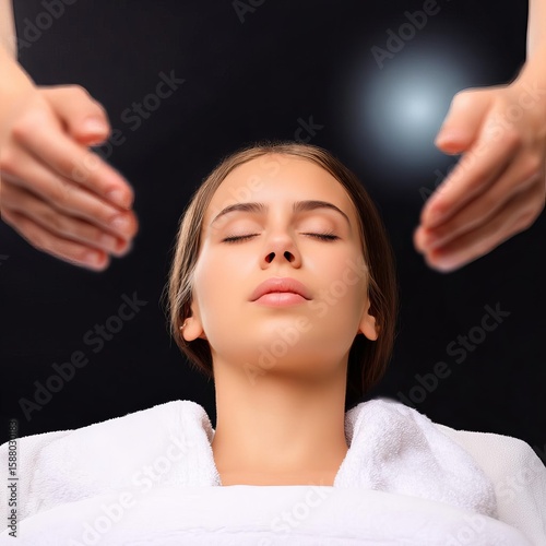 Woman having reiki healing treatment, alternative medicine concept